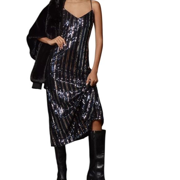 Anthropologie Maeve Womens L Sleeveless Sequin Stripe Midi Dress Navy Black‎ NWT - Picture 1 of 14